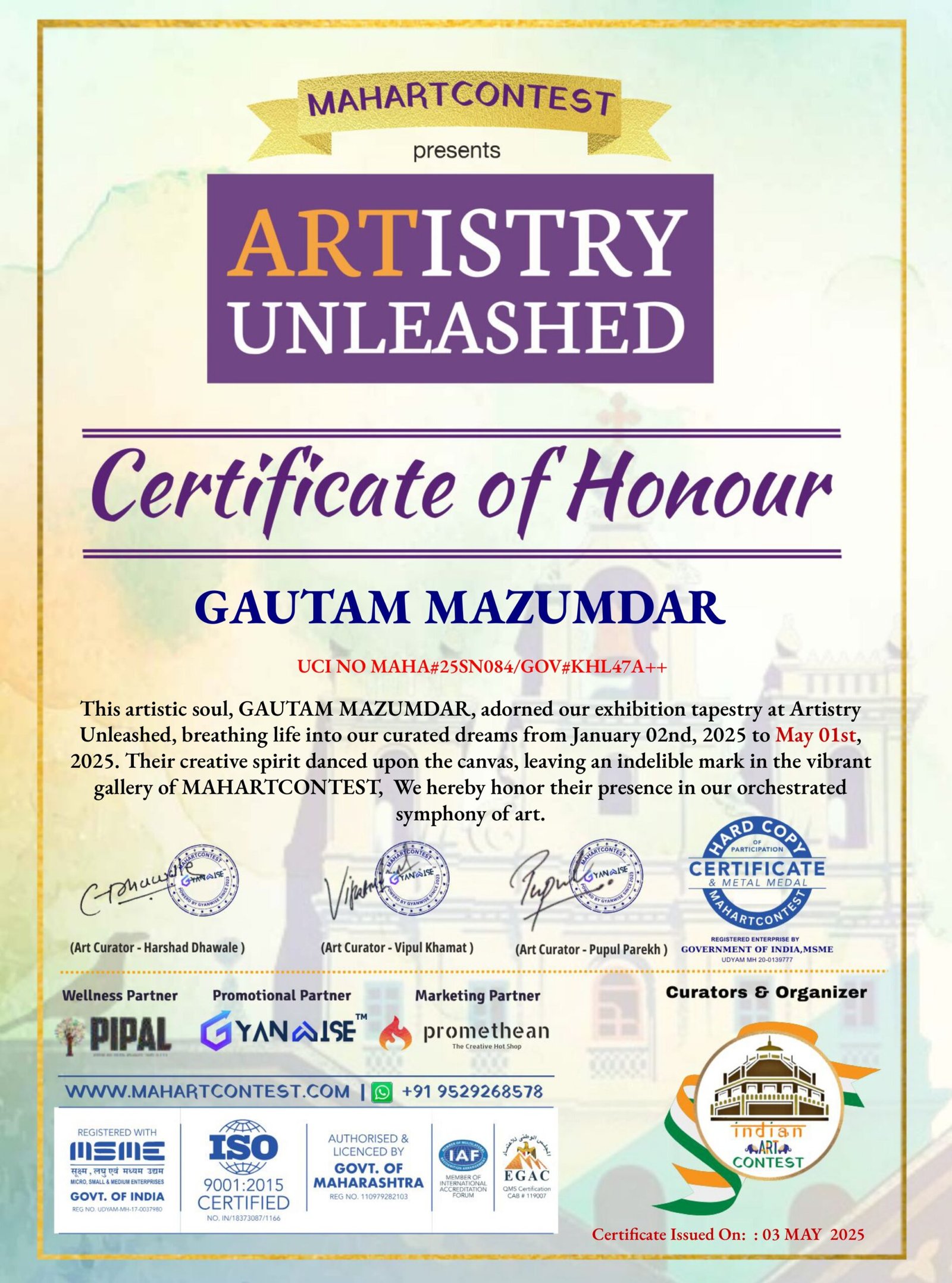 GAUTAM MAZUMDAR Artistry Unleased Certificate