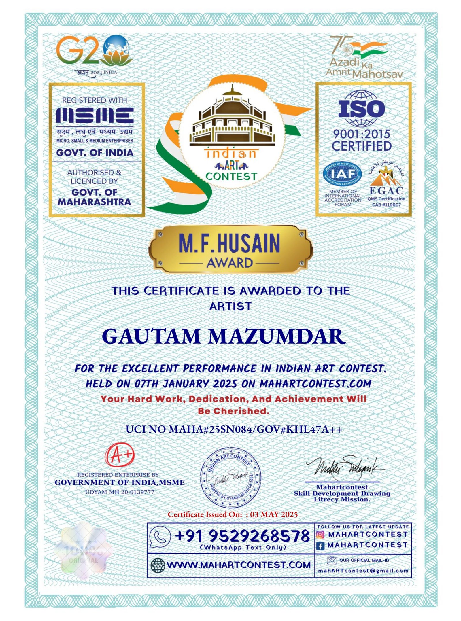 GAUTAM MAZUMDAR Indian art Contest Certificate 2