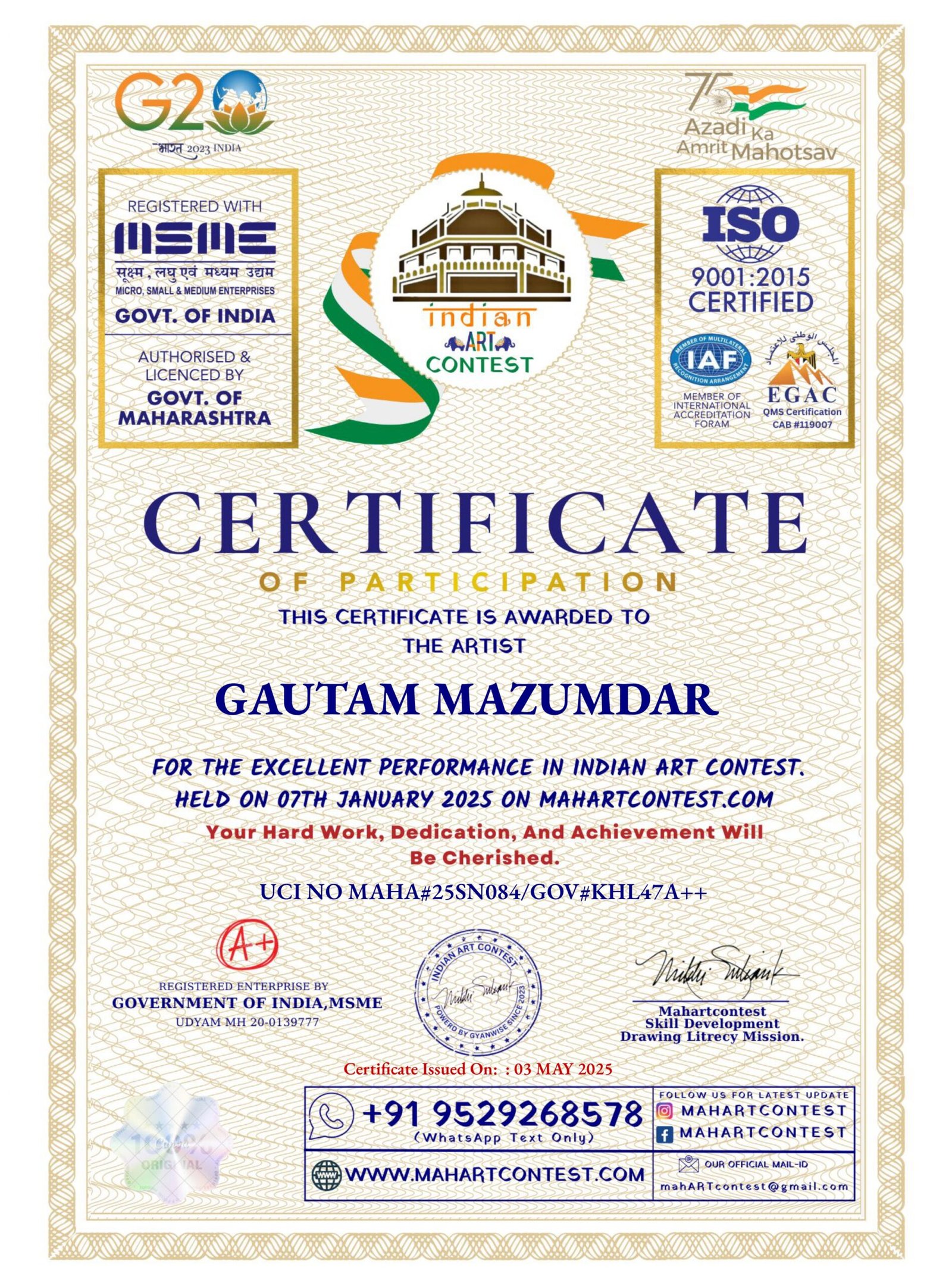 GAUTAM MAZUMDAR Indian art Contest Certificate