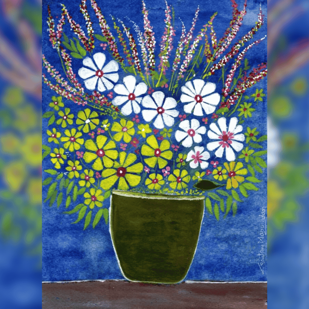 White Yellow Flowers on Blue Background